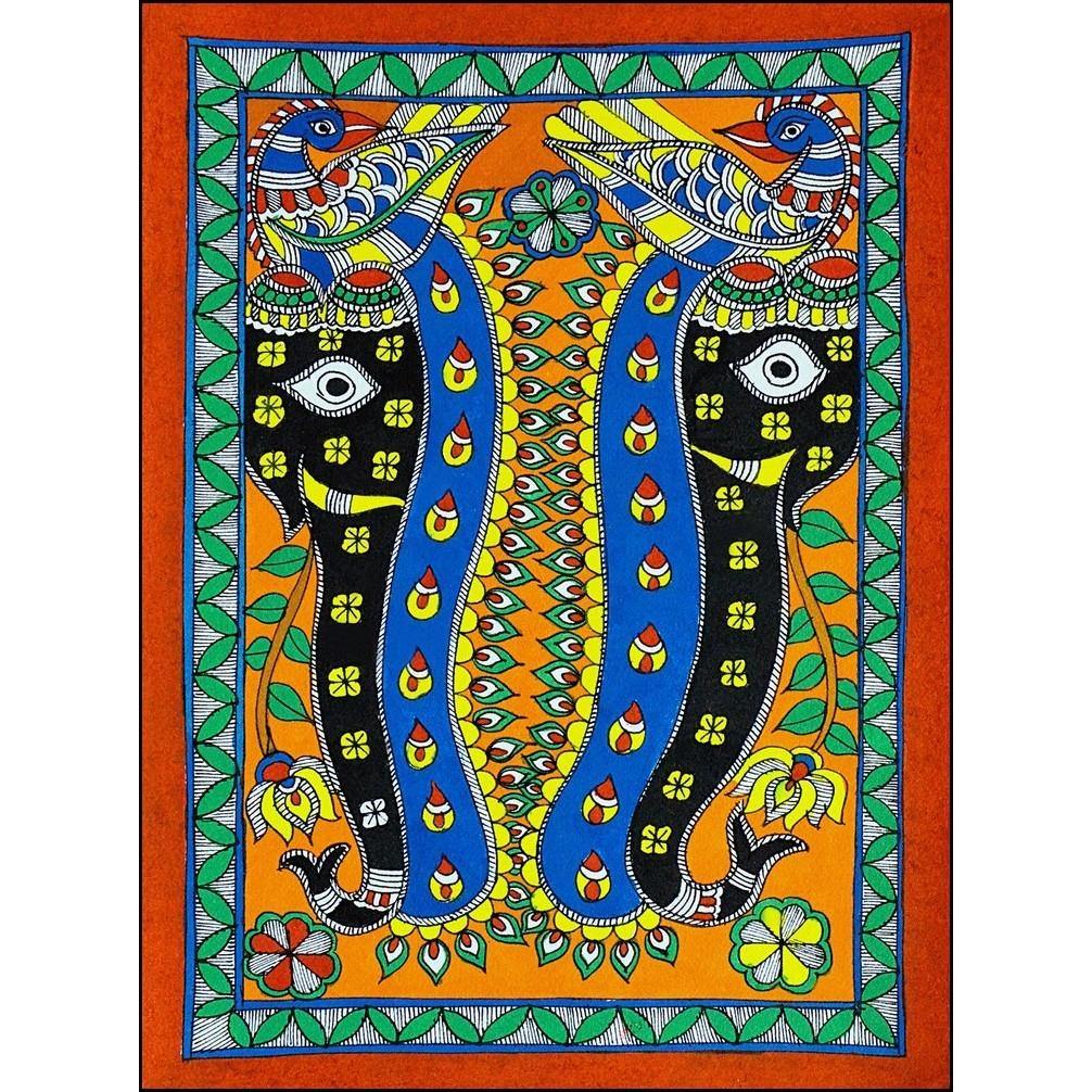 Bird and Elephant , Madhubani Art, Mithila Painting, Indian ...