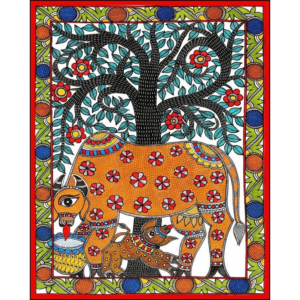 Cub and Cow, Madhubani Art, Mithila Painting, Indian Traditional ...