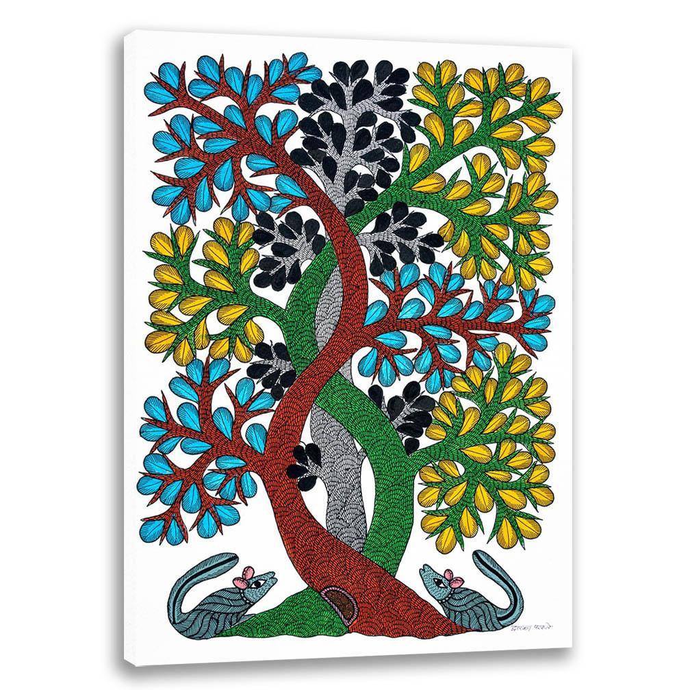 Curved Trees, Gond Art, Indian Traditional Art, Cultural Gift, Tribal Artwork