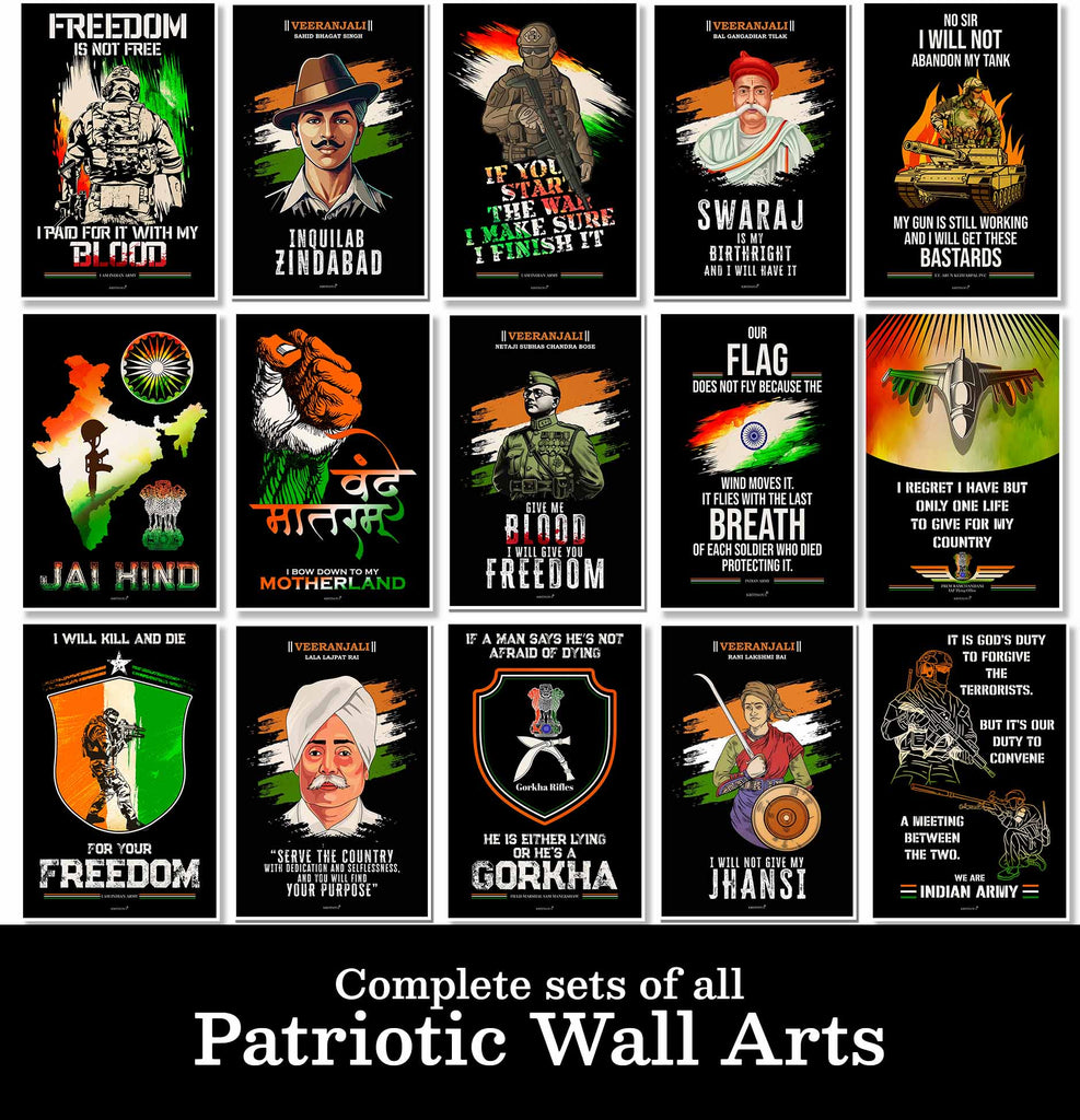 Complete set of 18 Patriotic Wall Arts, Indian Army Posters, Freedom Fighter Posters, Armed Forces, Bravehearts, Aazadi Ka Amrit Mahotsav Poster, Gift for Soldiers, Gift for Veterans
