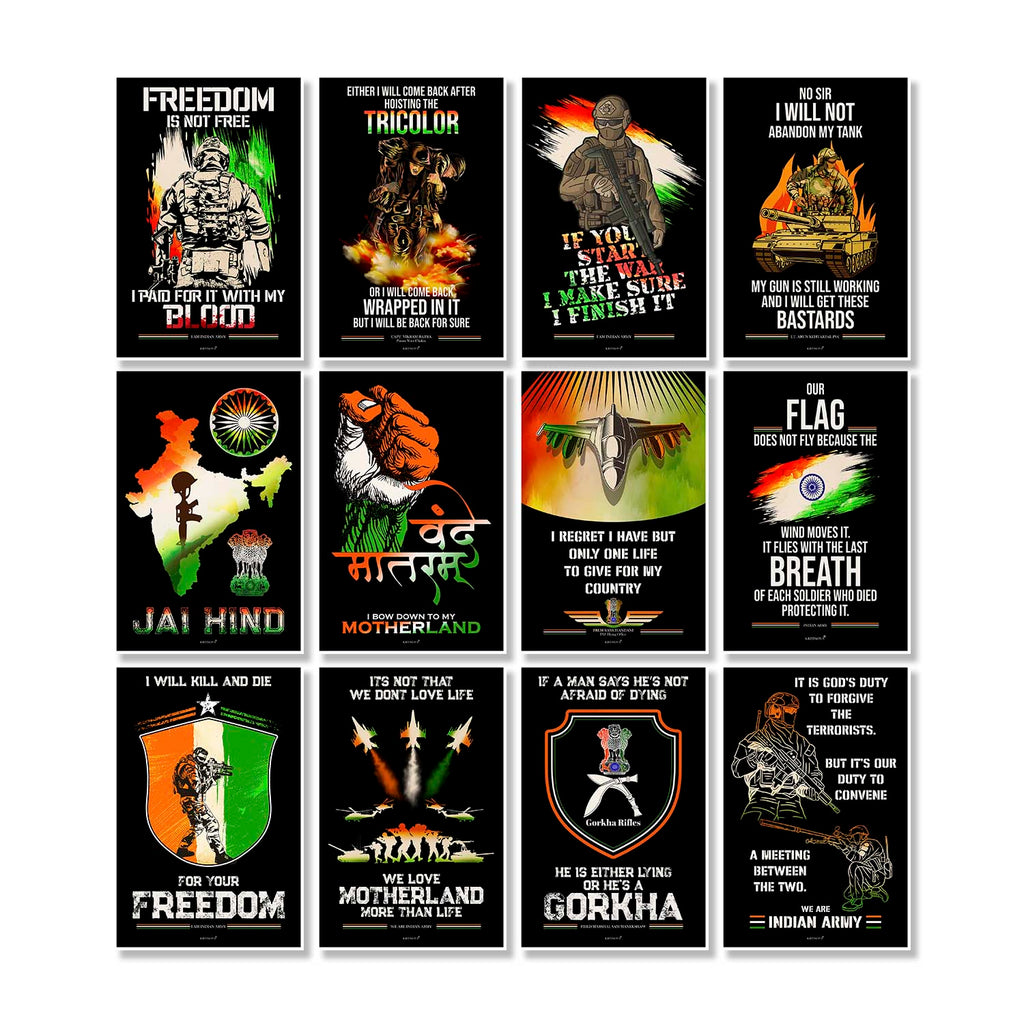 Complete set of 12 Indian Army Posters, Patriotic Poster, Armed Forces, Bravehearts, Aazadi Ka Amrit Mahotsav Poster, Gift for Soldiers, Gift for Veterans