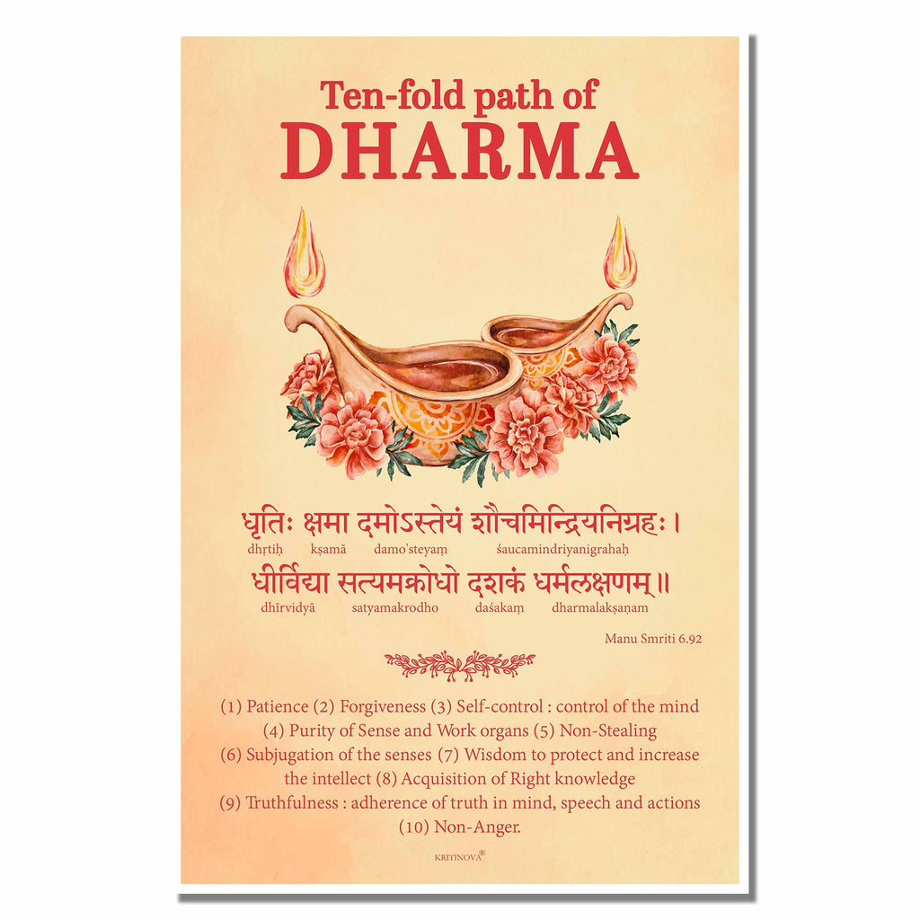 Ten fold path of Dharma, Definition of Dharma, Sanskrit Wall Art, Manu Smriti, Inspiring Sanskrit Verse, Sanskrit Shloka, Sanskrit Poster