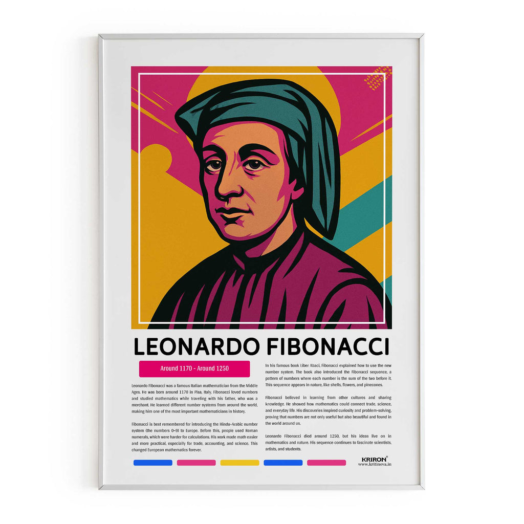 Leonardo Fibonacci Poster | Inspirational Wall Art | Famous Scientist Portrait | Educational STEM Classroom Print