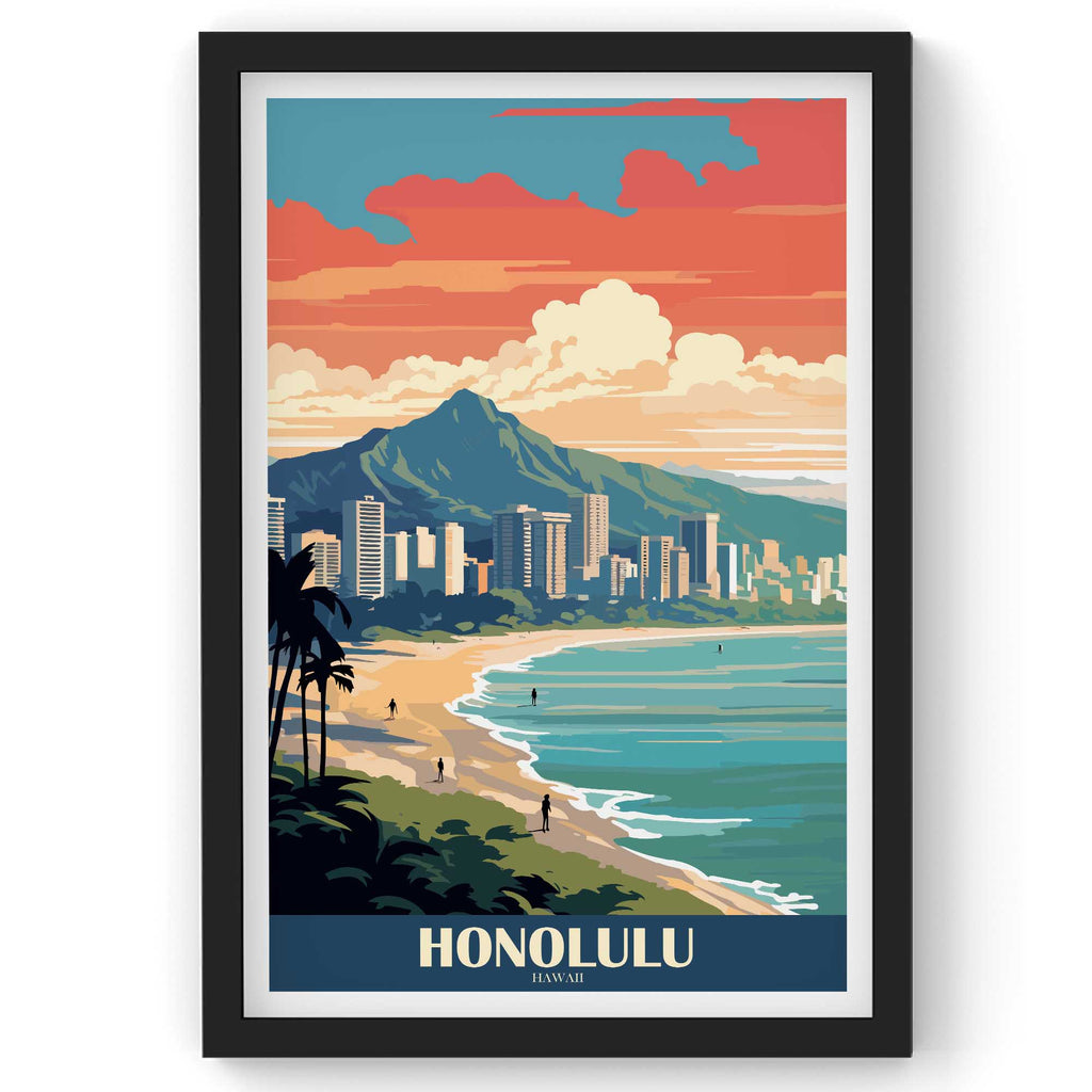 Honolulu City wall Art, Hawaii Travel Print, Vintage Travel Poster, Country Poster, Country Print