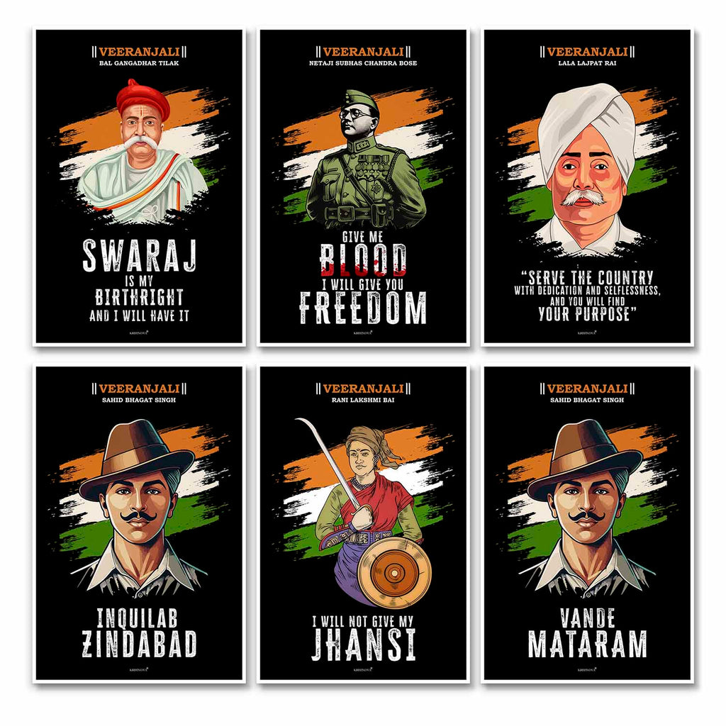 VIRANJALI, Set of 6 Indian Freedom Fighter Wall Art, Patriotic Wall Art, Gift for Patriot