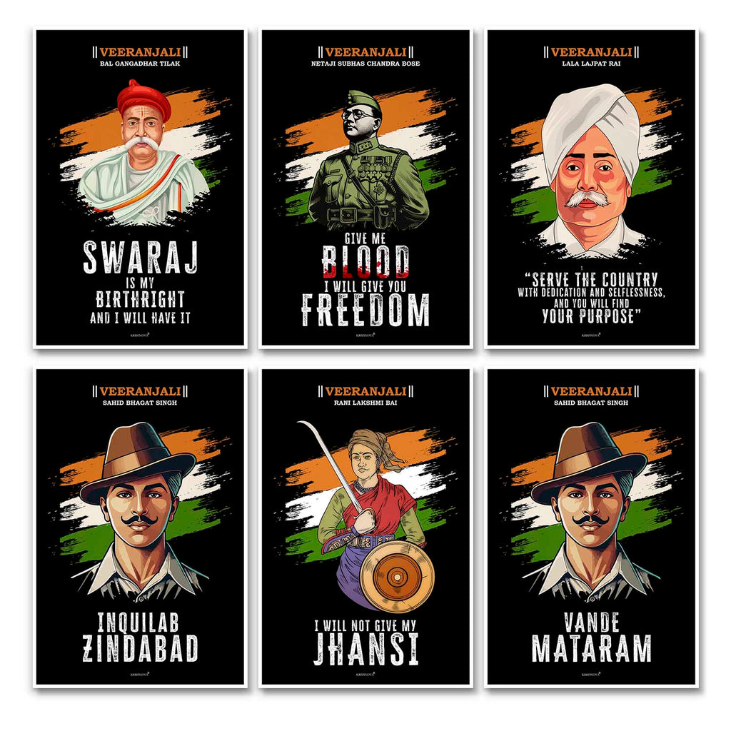 VIRANJALI, Set of 6 Indian Freedom Fighter Wall Art, Patriotic Wall Art, Gift for Patriot