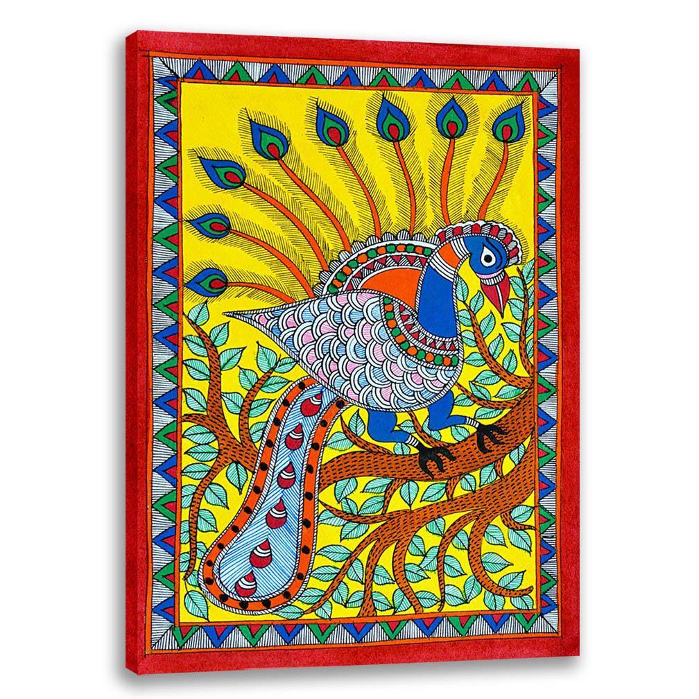Colorful Peacock, Madhubani Art, Mithila Painting, Indian Traditional Art, Cultural Gift, Tribal Artwork