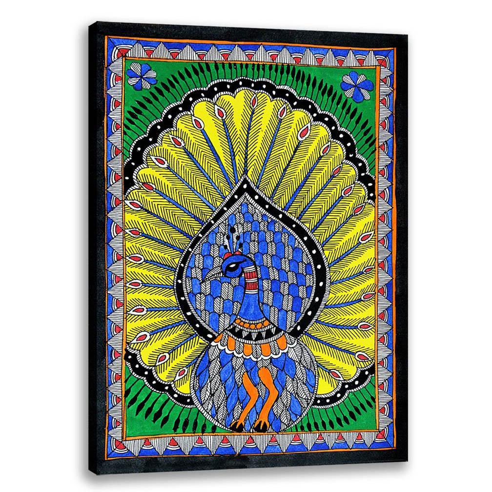 Peacock with open Feathers, Madhubani Art, Mithila Painting, Indian Traditional Art, Cultural Gift, Tribal Artwork