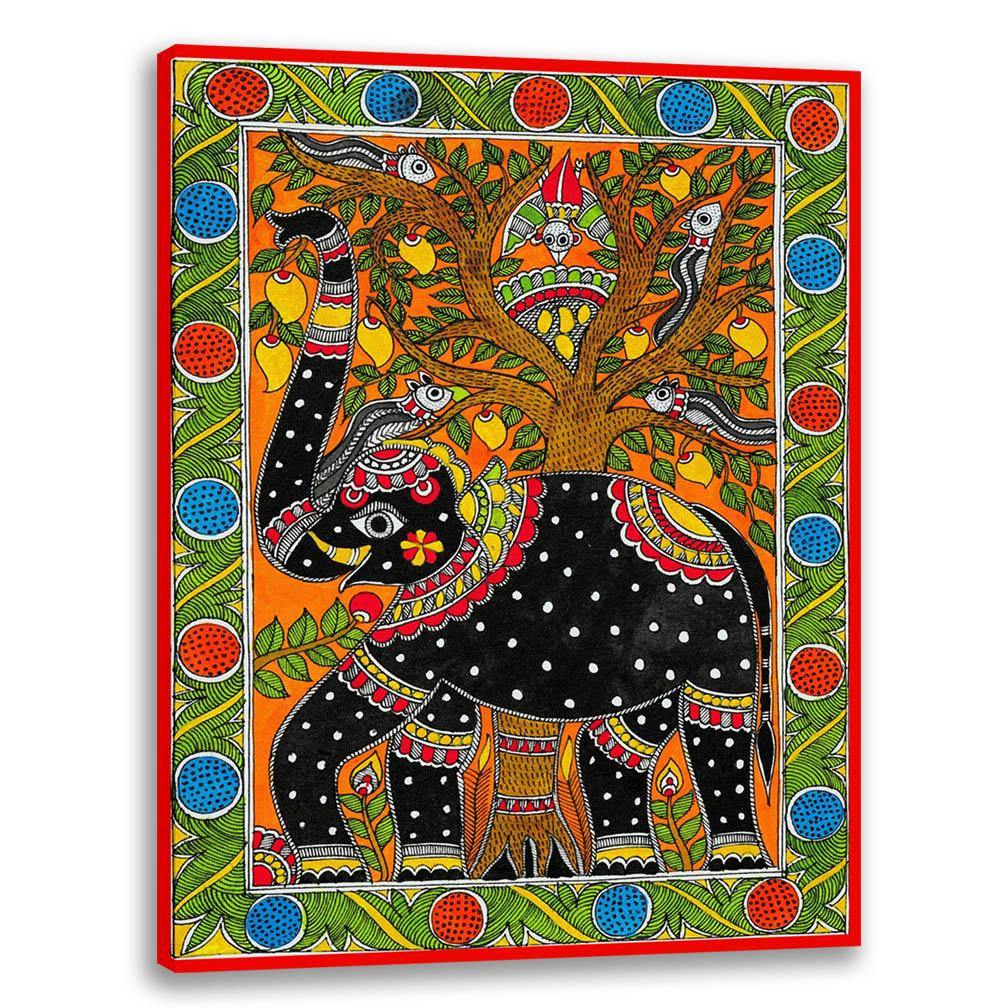 Elephant and Tree, Madhubani Art, Mithila Painting, Indian Traditional Art, Cultural Gift, Tribal Artwork