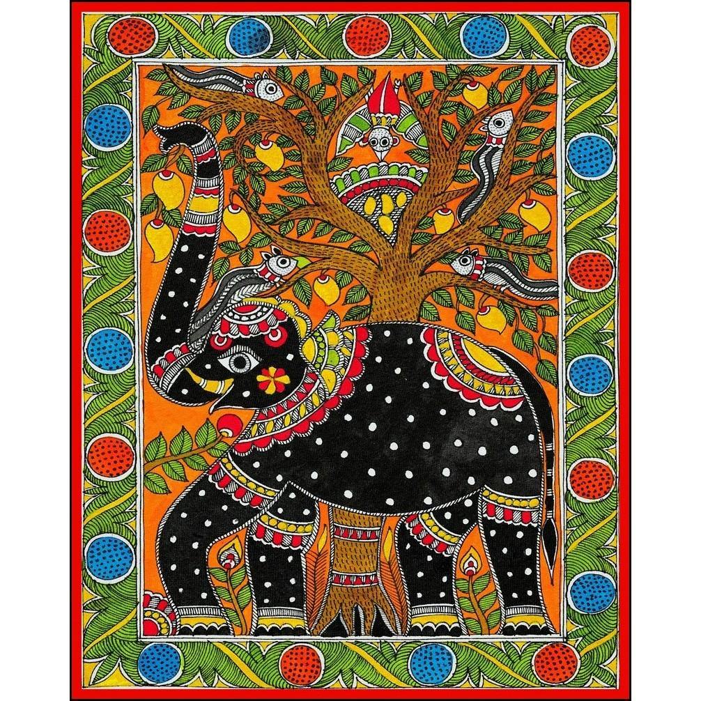 Elephant and Tree, Madhubani Art, Mithila Painting, Indian Traditional ...