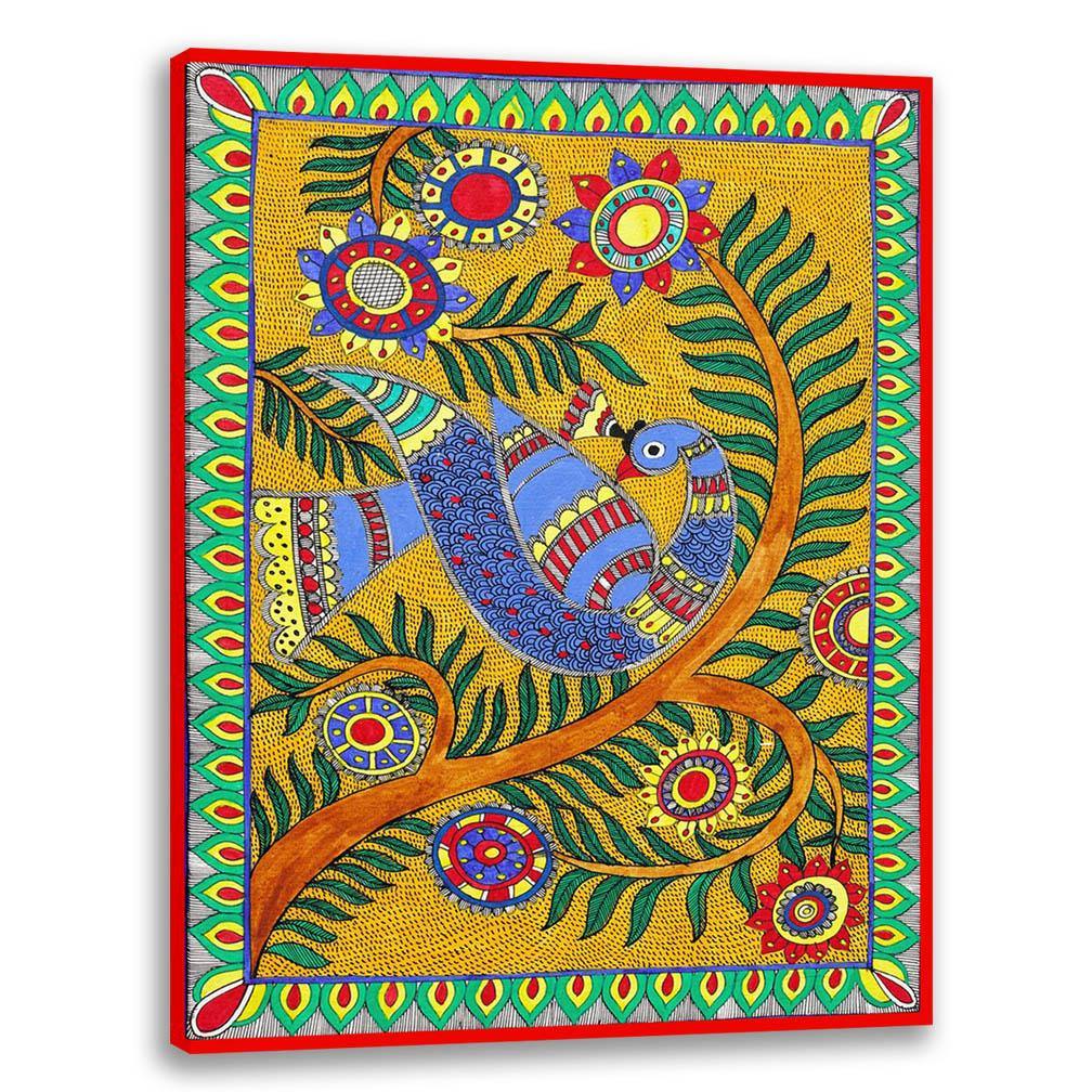 Bird on Tree, Madhubani Art-1, Mithila Painting, Indian Traditional Art, Cultural Gift, Tribal Artwork