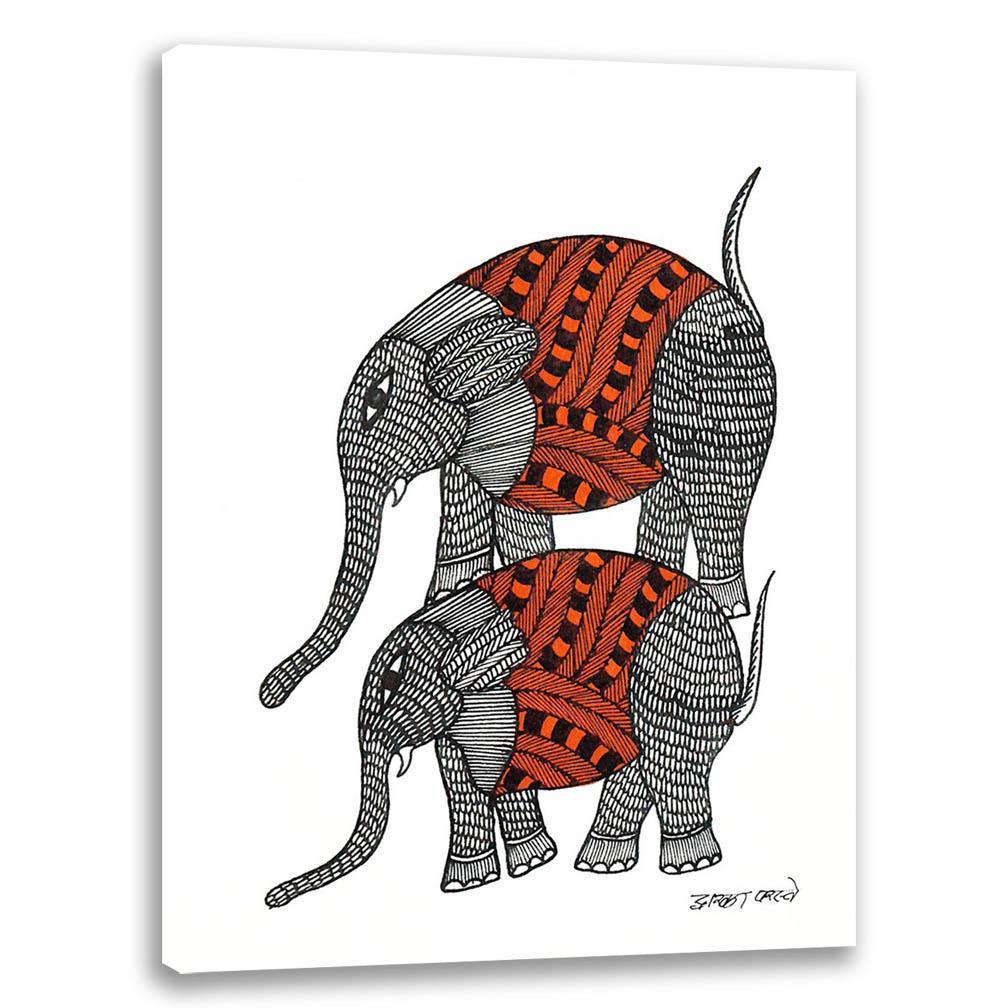 Two Elephant, Gond Art, Indian Traditional Art, Cultural Gift ...
