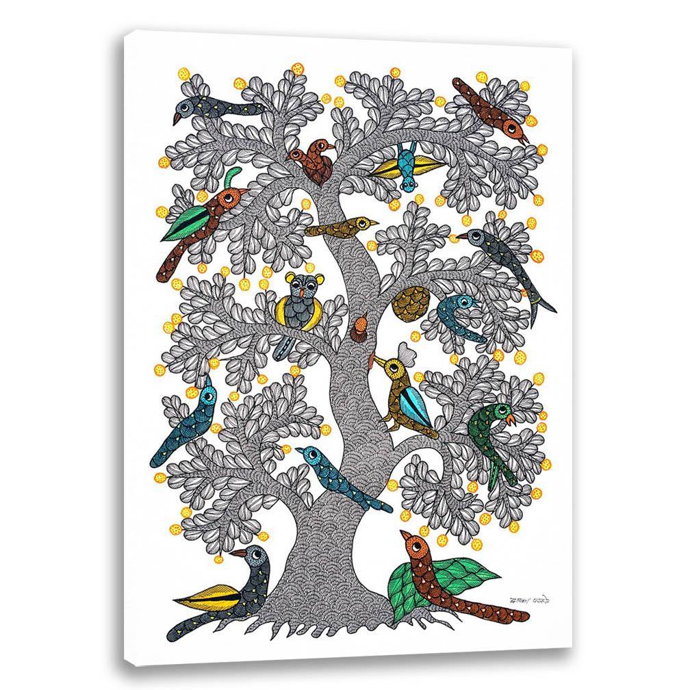 Birds on Tree, Gond Art, Indian Traditional Art, Cultural Gift, Tribal Artwork