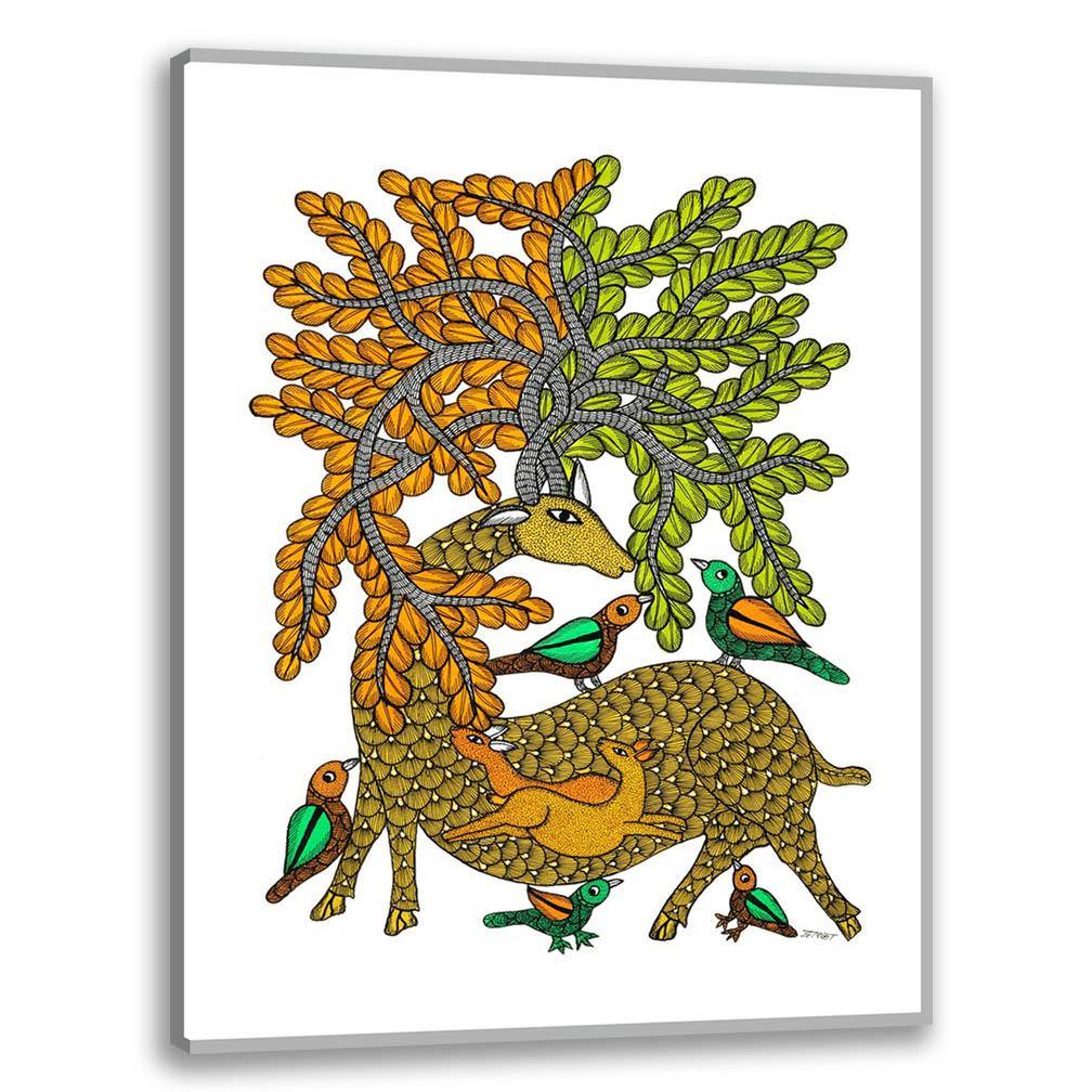 Deer and Birds, Gond Art, Indian Traditional Art, Cultural Gift, Tribal Artwork