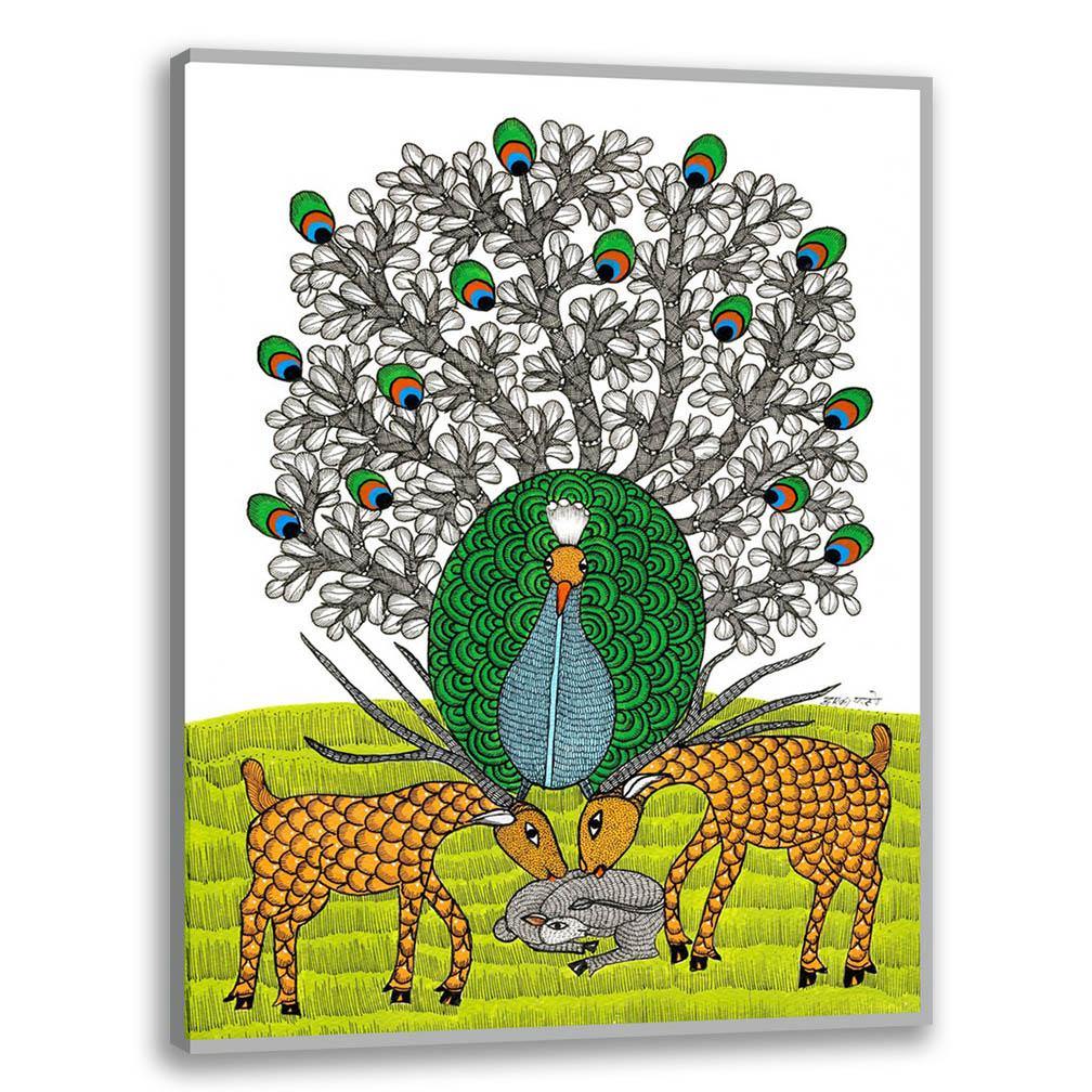 Peacock and Deer, Gond Art, Indian Traditional Art, Cultural Gift, Tribal Artwork
