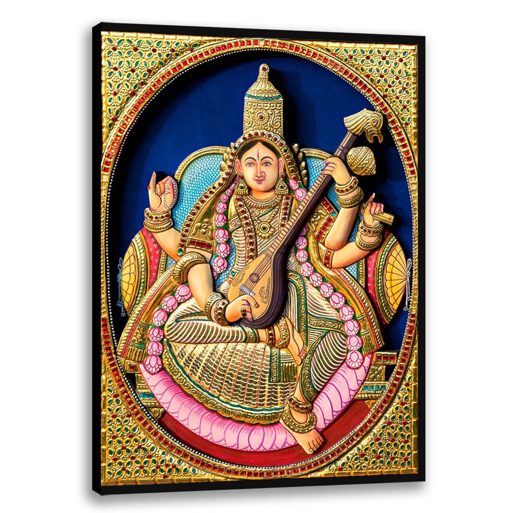 Maa Saraswati Tanjore Art, 3D Effect, Tanjore Wall Art, Tanjore Hindu God Art