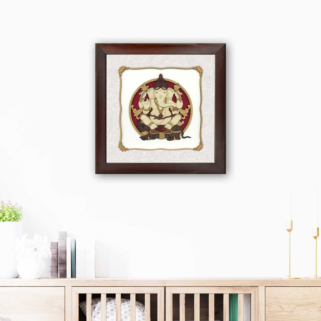 Mushak Ganesh Wood Carving Wall Art, Wood Carving Frame, 3D Wall Art