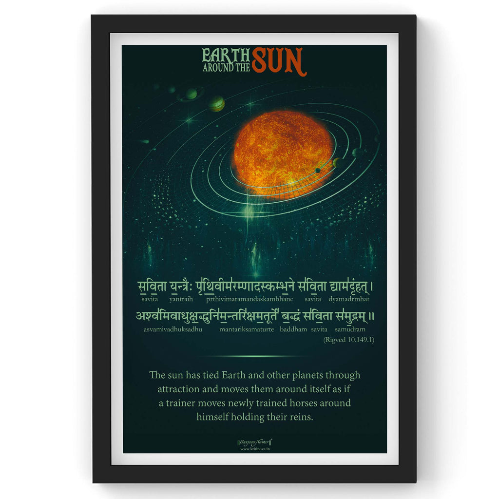 Earth Around The Sun, Sanskrit Wall Art, Inspiring Sanskrit Quote, Rigveda Mantra, Vedic Science, Vedic Astronomy, Sanjeev Newar® | Framed