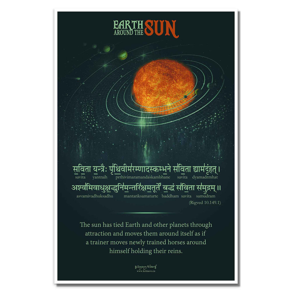 Earth Around The Sun, Sanskrit Wall Art, Inspiring Sanskrit Quote, Rigveda Mantra, Vedic Science, Vedic Astronomy, Sanjeev Newar® | Rolled