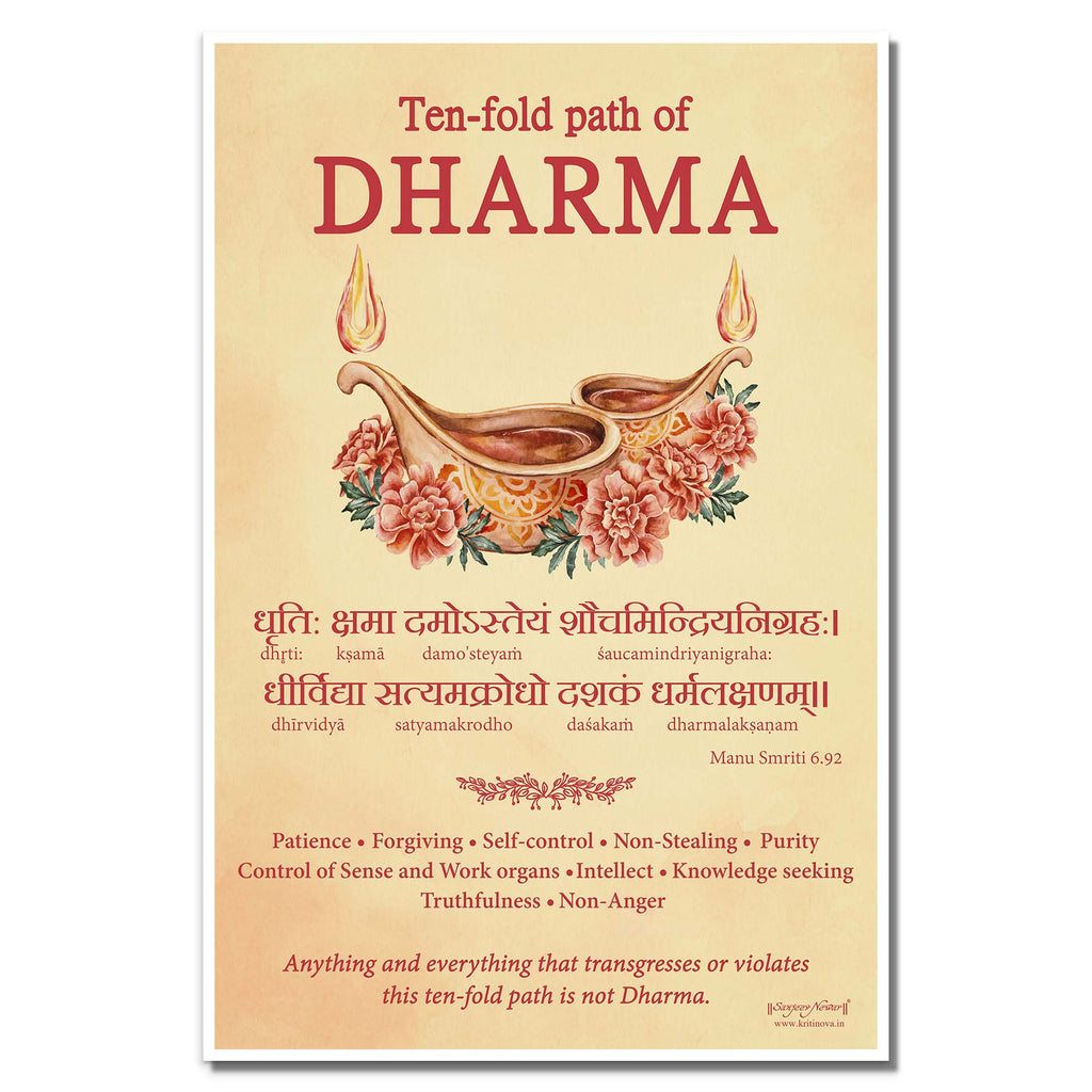 Ten fold path of Dharma, Definition of Dharma, Sanskrit Wall Art, Manu Smriti, Inspiring Sanskrit Verse, Sanskrit Shloka, Sanskrit Poster