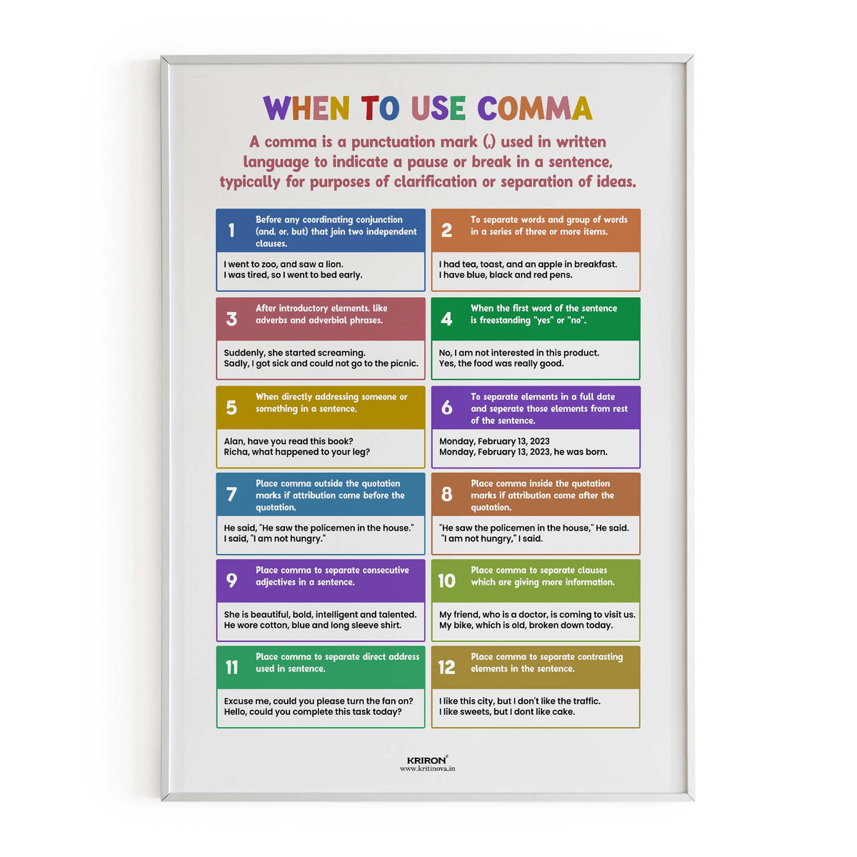 When to use comma, Educational English Poster, Kids Room Decor, Classr ...