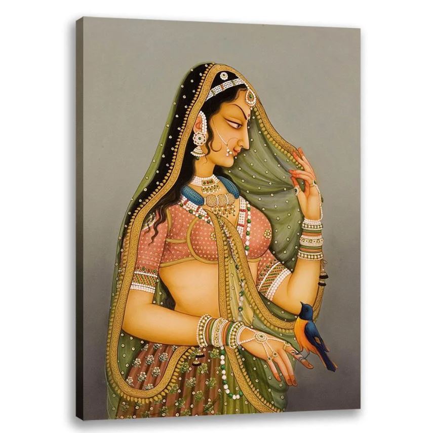 Lady with Bird - Bani Thani, Rajasthani Art, Indian Traditional Art, Cultural Gift, Tribal Artwork