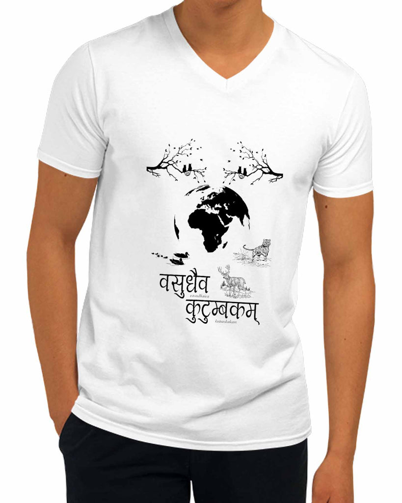 Vasudhaiva Kutumbakam | V Neck, Sanskrit T-shirt, Sanjeev Newar®